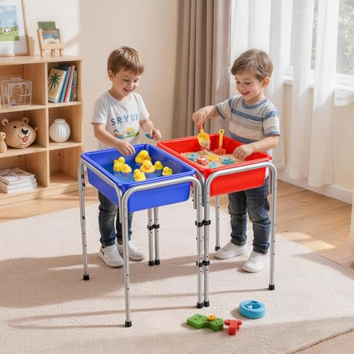 Image of VEVOR Sensory Table for Toddlers, Kids 2-Station Sand and Water Adjustable Play Table with Detachable Storage Bins and Non-Slip Feet, Carbon Steel Frame, Rounded Corners, for Boys and Girls Exploring