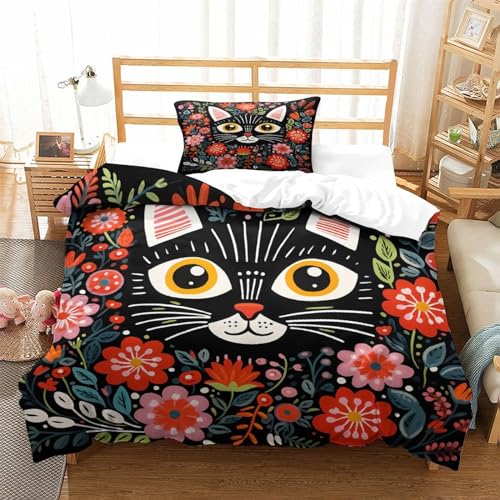 Housse de couette fleurs et chat en microfibre premium 135x200