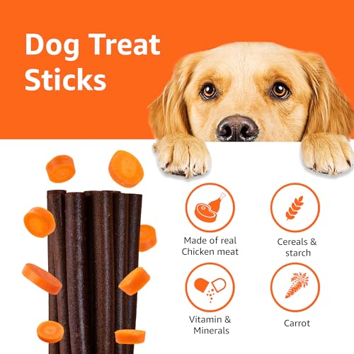Image of Amazon Basics Dog Treat Sticks 140 gm, Chewy Meat Sticks for Adult Dogs and Puppies, High Protein Dog Treats for Training and Snacks, Made of Real Chicken Meat, Ziplock Pack, Carrot Flavor