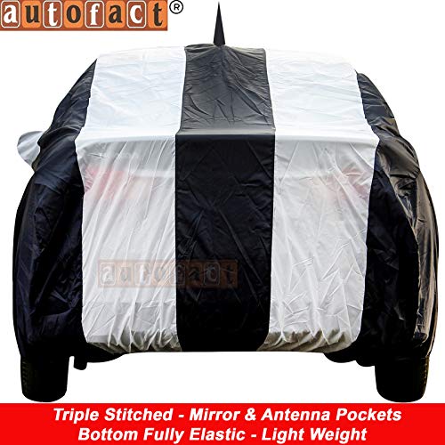 Image of Autofact Car Body Cover for Volkswagen Vento with Mirror and Antenna Pocket (Light Weight, Triple Stitched, Heavy Buckle, Bottom Fully Elastic, White Stripes with Navy Blue Color)
