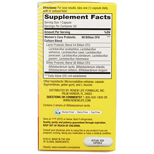 Image of Renew Life Women's Probiotic Capsules, Supports pH Balance for Women, Vaginal, Urinary, Digestive and Immune Health, L. Rhamnosus GG, Dairy, Soy and Gluten-Free, 90 Billion CFU - 60 Ct | 60 Vegetarian Capsules | Promote Digestive Health & Regularity | Dairy, Soy and Gluten Free Supplement