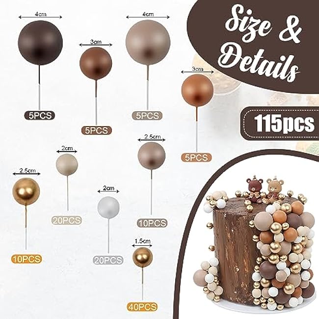 115 PCS Ball Cake Toppers - Mini Balloon Cake Decorations Foam Ball Cupcake Picks DIY cake Insert Toppers for Birthday Party Wedding Baby Shower - Brown Theme