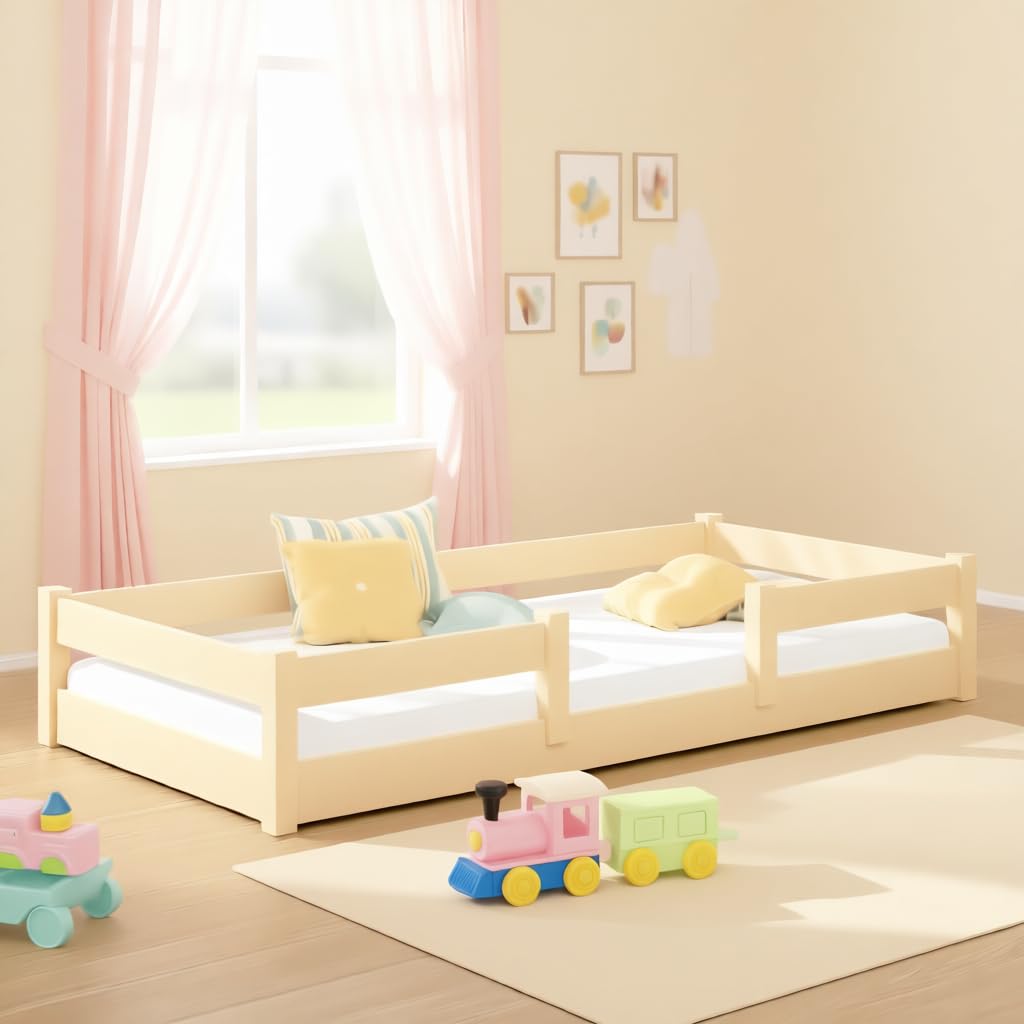 KOBI Lit d'enfant 120x60 cm, avec Balustrade - Lila lit de Sol en Bois de pin Naturel