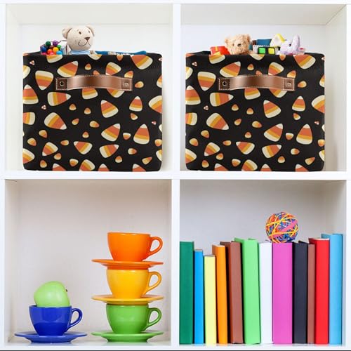 Image of Wamika Halloween Corn Candy Storage Basket with Waterproof Liner and PU Handles Trick or Treat Black Storage Bins Boxes 14.2 inch Collapsible Decorative Organizer Baskets for Bedroom Closet Office 2 Pack