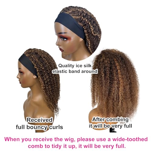 Image of Ombre Headband Wig Human Hair 4 /27 Highlight Kinky Curly Glueless Wig 18 In | Colored Curly Headband Wig for Black Women,Wear and Go None Lace Front Wigs,Brazilian Virgin Hair,150% Density,for Beginners
