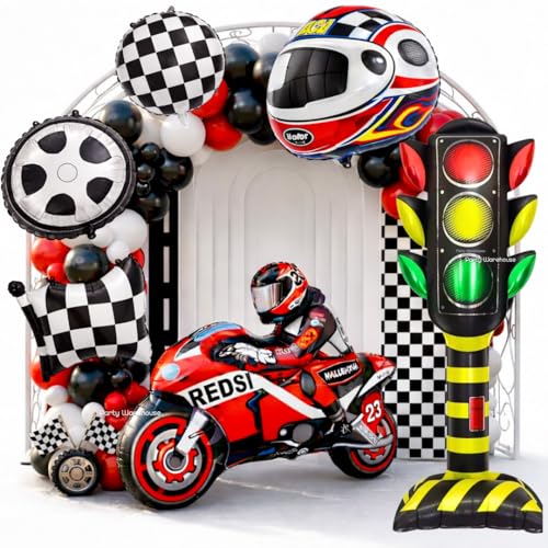 Image of Party Warehouse Racing Bike Theme Birthday Decoration Combo Set with standee Traffic Signal Prop|Motorbike Foil Balloon with Helmet, Tyre & Checkered Flag Balloon|Bikers & kids /adults party decor-36pc