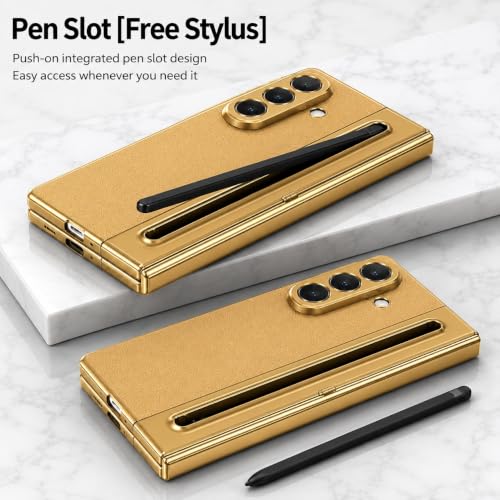 Image of amazon basics Premium Genuine Leather Case for Samsung Galaxy Z Fold 8 Ultra - Slim Fit Luxury Business Cover with Built-in S Pen Slot & Magnetic Hinge Protection - Midnight Gold