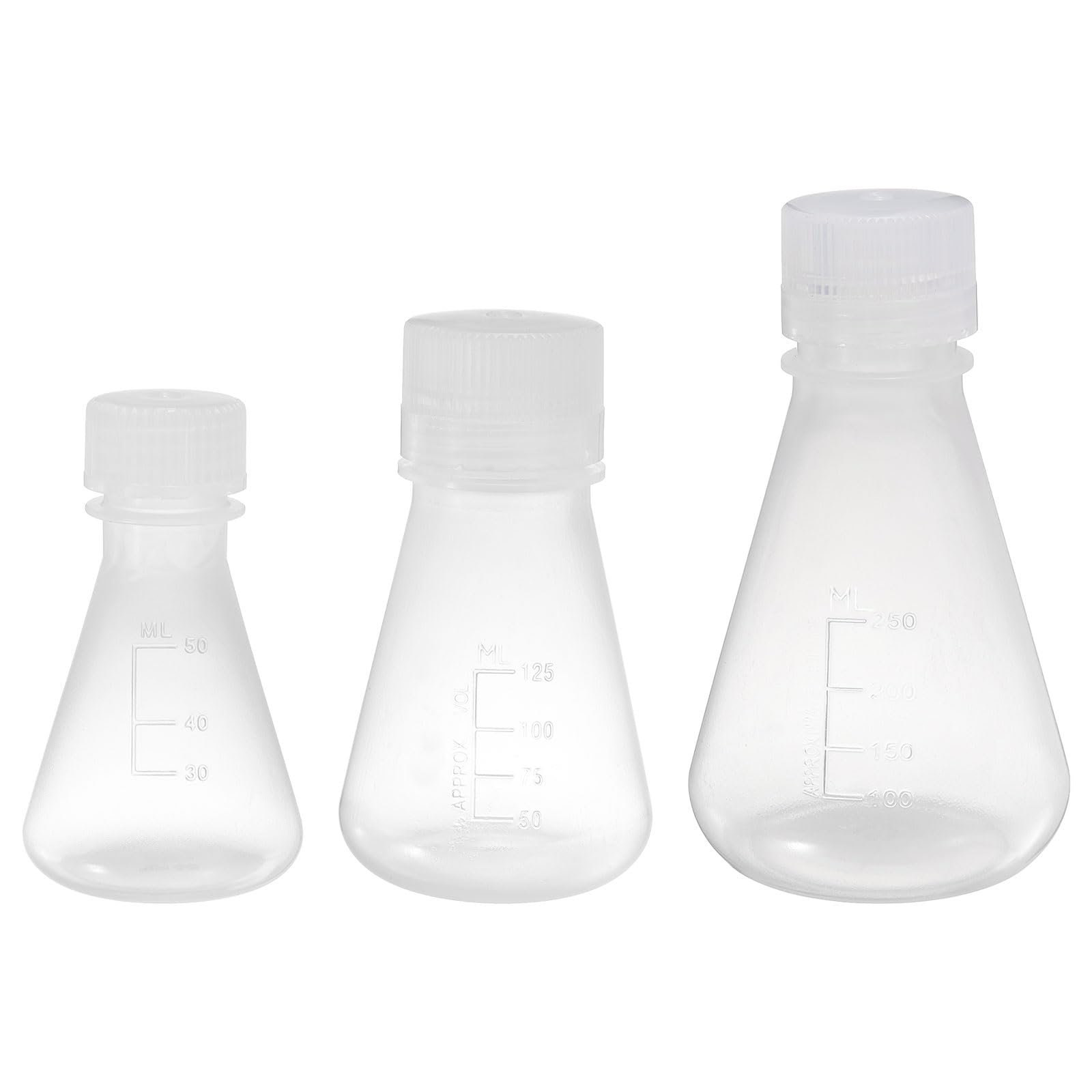 PATIKIL Matraz Erlenmeyer 3 Pcs 50Ml 125Ml 250Ml Matraces Graduados de Boca Estrecha con Tapa de Rosca Matraces de Plástico con Graduación Impresa para Laboratorio Experimentos