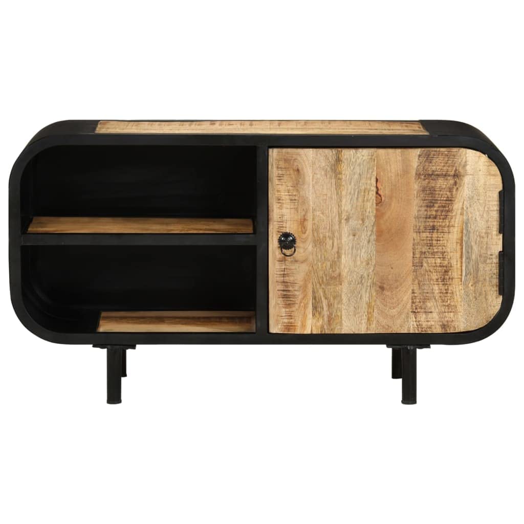 Mobile TV in legno di mango grezzo, 90 x 30 x 48 cm, con scomparto e ripiani, stile industriale, spazio per soggiorno, combinazione legno e metallo, comò basso per TV
