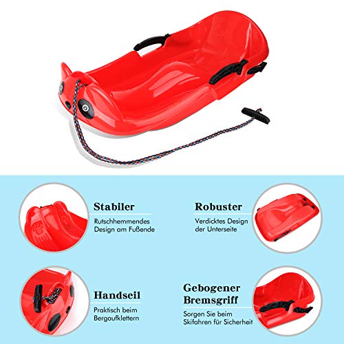 ISUDA Bob Schlitten Kinder Lenkschlitten Lenkbob - Kinderschlitten Schneebob Skibob Rodel für Kinder, Kunststoffrodel Kinder mit 2 Griffe, Bremshebel, Langem Kordelzug - Sicherer und Stabilitäter - 5
