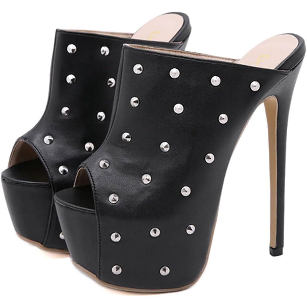 Hyfzxwx Women's Black 6.29 Inches Rivets Peep Open Toe Thick Platform Stiletto Super High Heels Pole Dance Striptease Sexy Ankle Strap Buckle Gladiator Sandals For Wedding Prom Club High/Black/39Eu