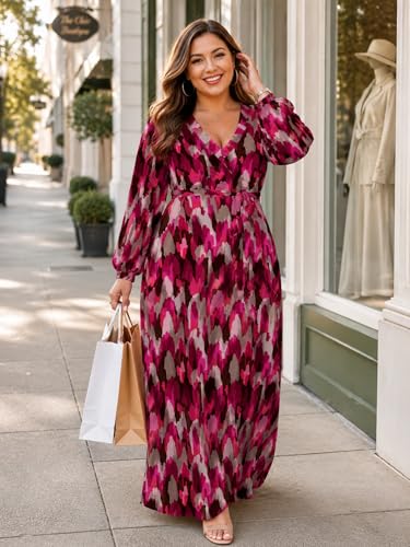 Image of PinkPatty Women's Long Sleeve Maxi Dress Plus Size Trendy Wedding Guest Dress with Pockets&Belt