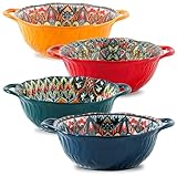 YELLOYA Ceramic Large Soup Bowl with Double Handle 9.5 inch Set of 4,32 oz Embossed Bowl Set for Salad, Oatmeal, Dessert, Pasta, Stew, Dishwasher & Microwave Safe - Colorful
