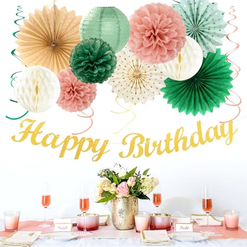 Sage-Green Pink-Gold Boho-Rustic Birthday Party-Decorations - 21pcs Happy Banner,Olive Retro Beige Paper Lanterns Pom Poms,Neutral Streamers Garland,Women Girls Decor Supplies Huglony - Image 6