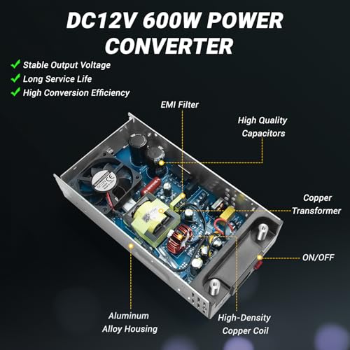 New Version Converter, 110V AC to 12V DC Converter Power Supply 12V 600W 50A DC Switch Transformer for RV,Pump,LED Strip, LCD Monitor (12V 600W)4