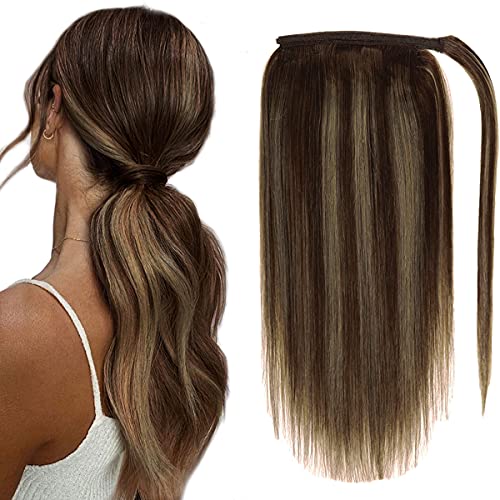 Lacer Real Hair Ponytail Extension Wrap Around Clip in Ponytail Hair Extensions Long Straight Human Hair Ponytail Hair Piece Balayage Dark Brown to Medium Brown with Dark Brown Roots 16 Inch R#4-4-6