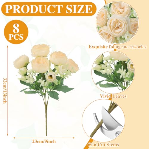 Image of 8 Pack Champagne Peonies Artificial Flowers, Cream Fake Silk Hydrangea Bouquet for Bridal Wedding Home Table Decor Reusable Dining Opening Ceremony Birthday Arrangement Faux Floral