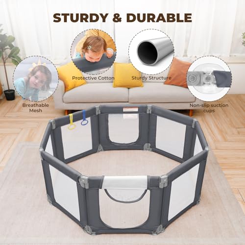 Image of Dripex Small Foldable Baby Playpen, 49 inchx47 inch Small Space Play Yard for Travel - Portable Collapsible Play Pen for Babies, Indoor Outdoor Baby Fence, Grey