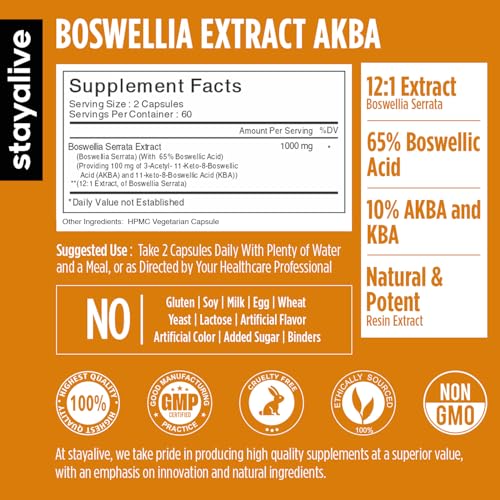 STAY ALIVE Boswellia Serrata Extract Capsules 1000mg with AKBA and 65% Boswellic Acid, 12:1 Resin Extract Powder, 120 Count for 2-Month Supply, Non-GMO and Gluten-Free Boswellia Supplement
