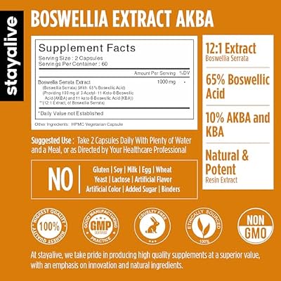 STAY ALIVE Boswellia Serrata Extract Capsules 1000mg with AKBA and 65% Boswellic Acid, 12:1 Resin Extract Powder, 120 Count for 2-Month Supply, Non-GMO and Gluten-Free Boswellia Supplement