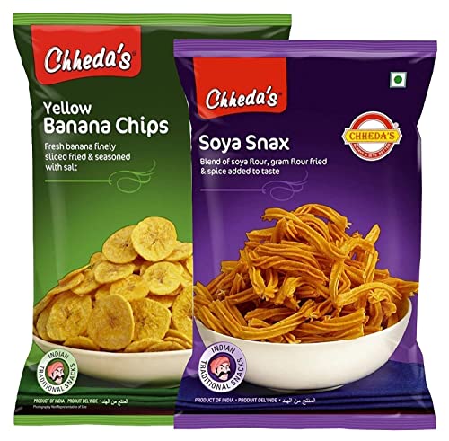 Image of Chheda's Yellow Banana Chips (350Gm) and SOYA Snax (300 Gm) | Banana Wafers | Indian Namkeen | Tasty Snacks | Ready to Eat - Combo Pack