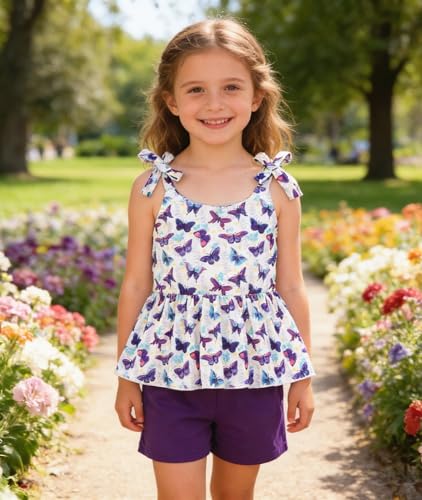 Image of Toddler Girls Clothes Summer Short Set Outfit Tie Knot Shoulder Sleeveless Ruffle Tops and Shorts 2PC Clothing Set