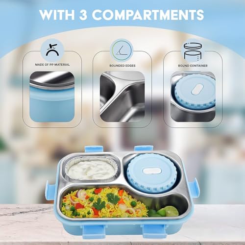 Image of Lunch Box 3 Compartment Stainless Steel Tiffin Box Within Liquid Store Box| Lunch Box for Kids, Leak-Proof BPA-Free Tiffin Box for School & Office Use 750ml (Blue)