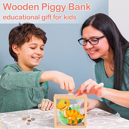 Piggy Bank For Boys, Wooden Dinosaur Piggy Bank For Kids Cartoon Money Bank Coin Bank With Diy Alphabet Stickers, Orange #TOP1