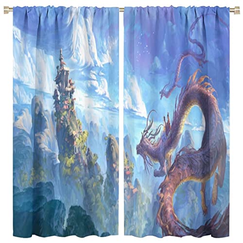 Dream Dragon Curtain Cartoon Children's Room Blackout Window Curtain Game Room Decoration Window Treatments for Game Room Living Room Bedroom Rod Pocket Window Curtain Drapes 42x45in