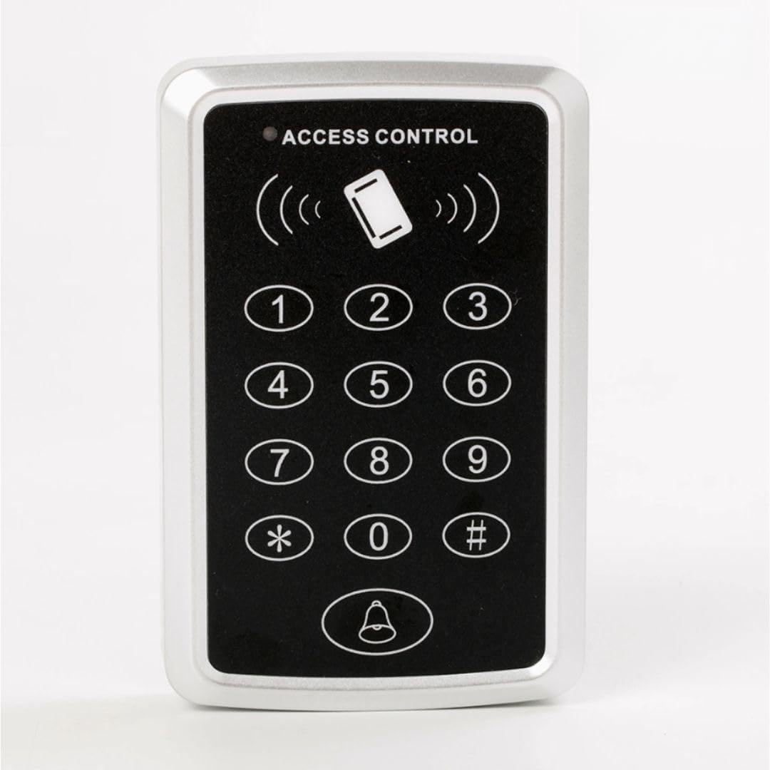 RFID Access Control Keypad with Numeric Touchpad, Card Reader, Infrared Sensor, Surface Mount, White Plastic and Metal, 12V, Includes 5 Key Fobs
