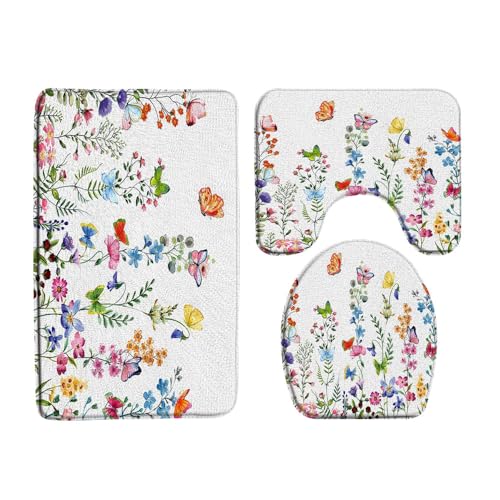 Floral 3 Pcs Bath Rugs Set,Watercolor Wildflower Butterfly Rustic Flower Botanical Boho Nature Colorful Spring Bathroom Kitchen Rug with 17.8