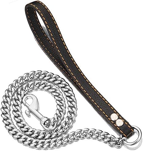 PRADOG Chain Dog Leash Metal Chew Proof 12MM Heavy Duty Pet Leash Chain with Leather Padded Handle for Large Medium Small Dogs(Totally Length of 5ft)