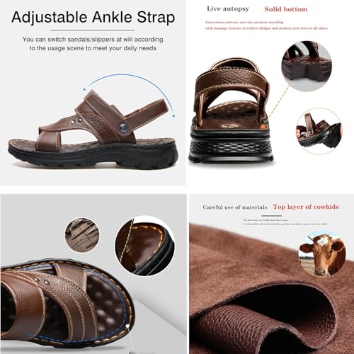 Men's Slip-On Leather Sandals - Comfortable Breathable Sports Sandals for Summer Beach Holidays(Brown,41)4