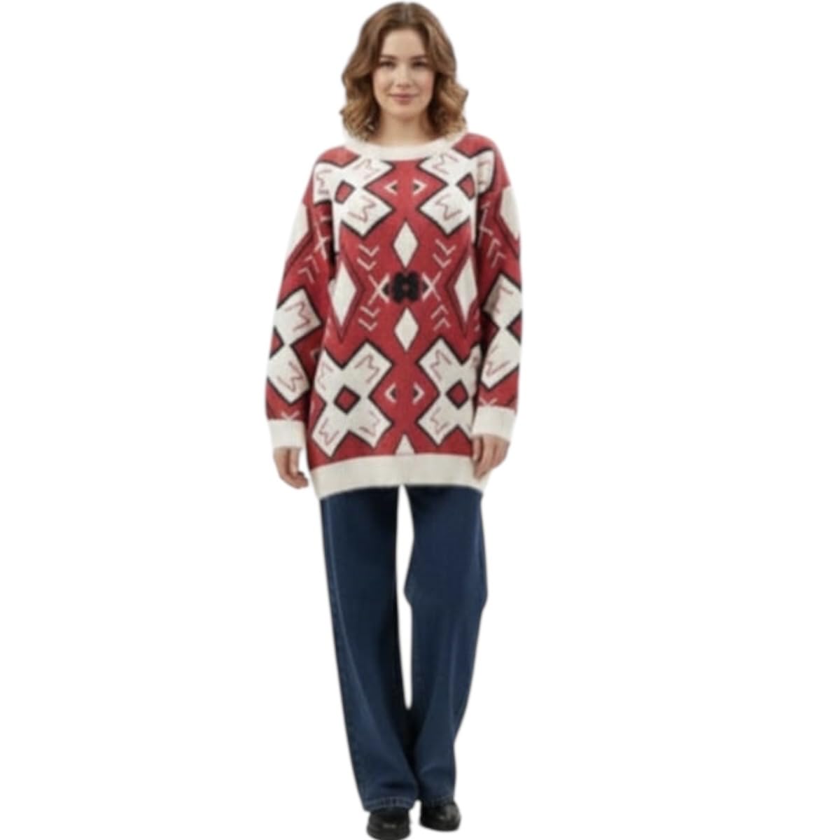 Women's Winter Geometric Pattern Red White Knit Sweater Shoulder 20" Bust 41" Length 28.5" L-image-40