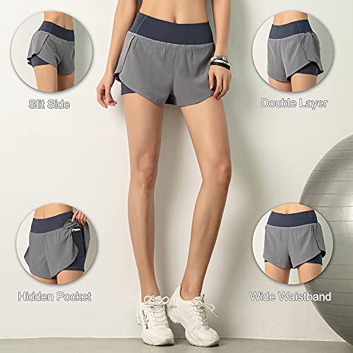 Tomshin Shorts de corrida femininos 2 em 1 com faixa de cobertura na cintura larga com bolso forro d