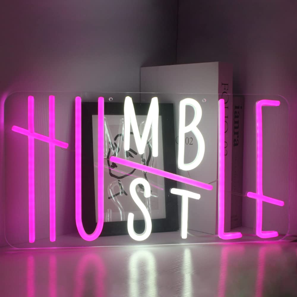 Humble Hustle Neon Sign LED Neon Lights For Wall Decoration Night Lights For Room Party Decor Office Man Cave Bedroom Christmas Gifts USB Power Pink And White(16.5 * 8.7")