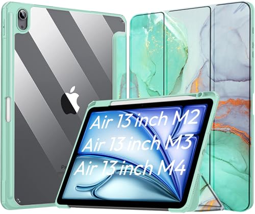 Image of Robustrion Cover for iPad Air 13 inch M4 /M3 /M2 (2026 /2025 /2024) Cover Case with [Pencil Holder] [Transparent Back] Hybrid Case Cover for iPad Air 13 inch [Auto Sleep Wake Support] - Marble Green