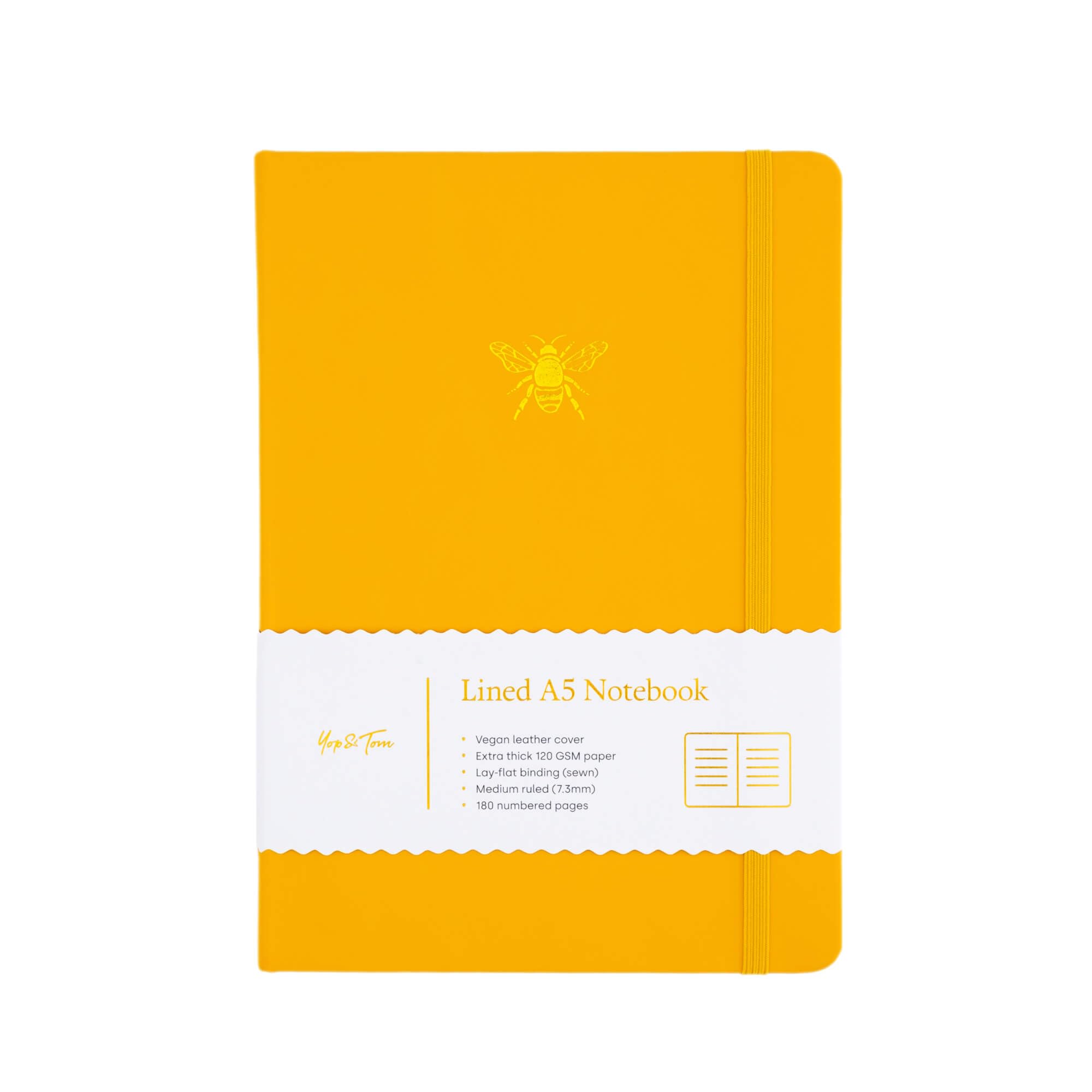 Yop & Tom A5 Lined Journal - Notebook with Vegan Leather Cover and Bee Emblem - Sunshine Yellow