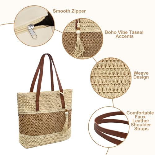 Image of Long Keeper Beach Bags for Women Summer Straw Bag with Zipper Woven Shoulder Handbag Beach Tote Bags for Travel Vacation