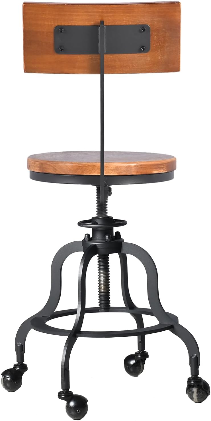 LOKKHAN Rolling Stool with Backrest & 4 Wheels, 18.5"-22.44" Counter Adjustable Swivel Round Wood Metal Kitchen Dining Breakfast Bar Stools, (Heavy Duty,Welding,Industrial Black & Vintage Brown)