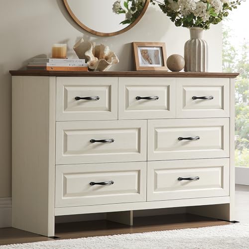 Amada Farmhouse 7 Drawer Dresser for Bedroom, 47.2 Inch Wide Wood Dresser with Natural Texture,...