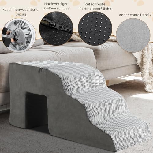 LEADZM Hundetreppe mit 28D Hochdichtem Schaum - 5 Stufen 74 cm hoch für Hunde aller Größen - Zweiteiliges Design mit Tunnel - Abnehmbarem Waschbarer Bezug, Tragbare Rampe für Kleine Hunde zu Bett, Sof