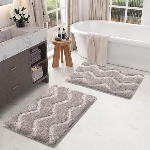 Image of Luxe Home Super Soft Microfiber Bath Mats Non-Slip TPR Backing Scotland Waves Water Soak Bathroom Mat & Door Mats for Home Combo (38x58 cm) - Grey