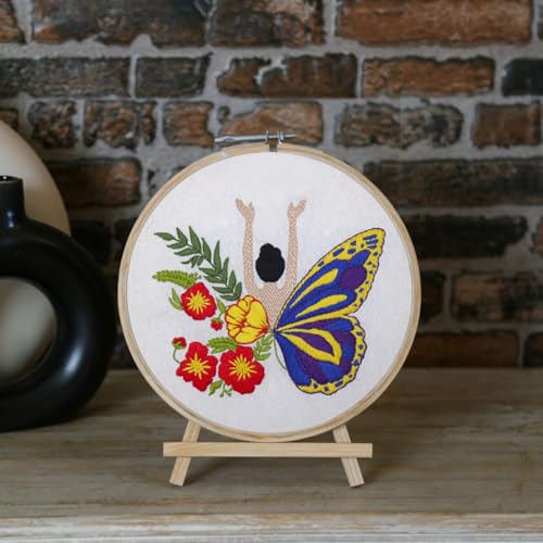 Image of picknMAKE Cross Stitch Embroidery Kit For Beginners & Adult, Featuring a Lady With Flower & Butterfly Wings, Printed Fabric, Instructions Papers, Threads & Needles All Materials Included,Multicolor