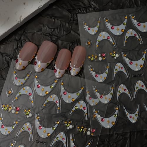 Image of White French Tip Nail Stickers Colorful Nail Decals with Star Design Rhinestone Nails Art Sticker 5d Self Adhesive Nails Stickers for Women Girls Supply Manicure Charms Nails Art Decals