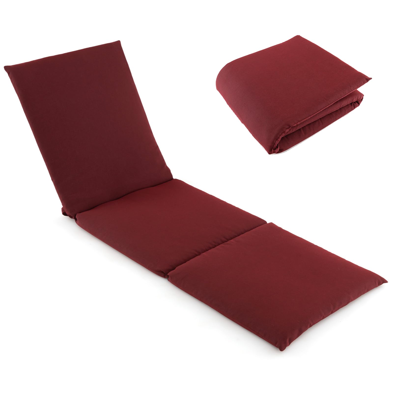 COSTWAY Tri-Fold Sun Lounger Cushion, 182x59cm Garden Recliner Cushions Chaise Sunlounger Replacement Pad, Foldable Thick Sunbed Mattress Patio Chair Cushion Pad for Indoor Outdoor Use (1, Wine Red)
