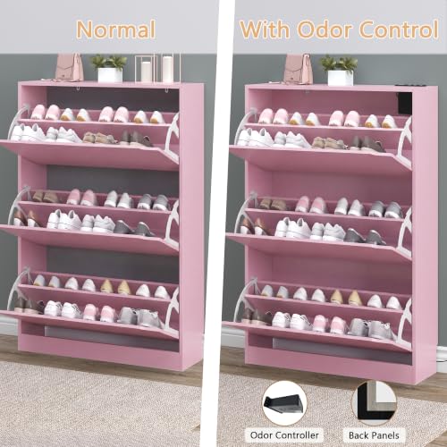 Image of BORNOON Shoe Cabinet with Odor Control and Back Panels, Deodorizing Slim 3-Flip Shoe Storage Cabinet for Entryway, Freestanding Hidden Shoe Rack Organizer for Entrance, Hallway, Bedroom