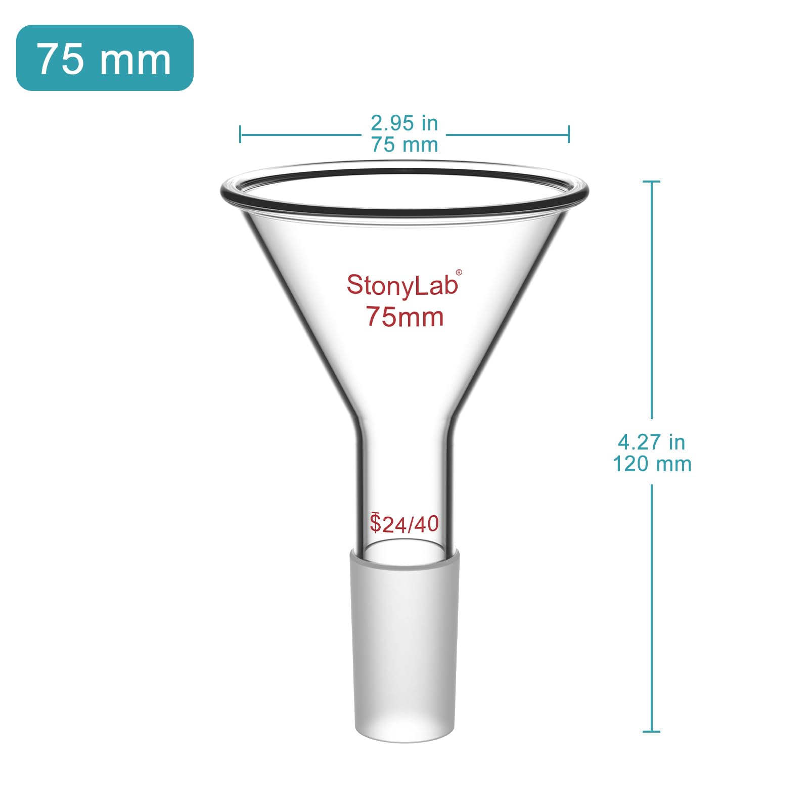 stonylab Entonnoir à Poudre en Verre à Tige Courte avec Diamètre Extérieur Supérieur de 75 mm et Joint Intérieur 24/40, pour Usage en Laboratoire Chimique Uniquement