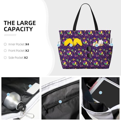 Large Beach Bags Water-resistant Sandproof - Mardi Gras and Donuts Cute Beach Tote Bags for Women with Zipper3