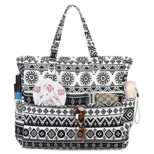 LEDAOU Bolsa de playa grande con cremallera para mujer, impermeable, bolsa de transporte, bolsa de transporte a prueba de arena con cremallera, piscina, fitness, bolsa de viaje familiar, Bohemia.,